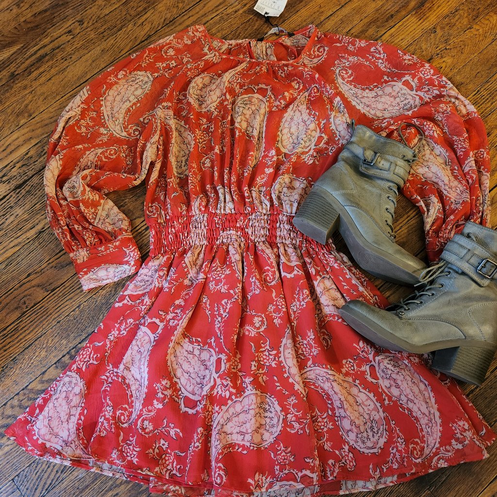 New Small Zara Red Paisley Print Mini Semi-Sheer Chiffon Long Sleeve Dress
